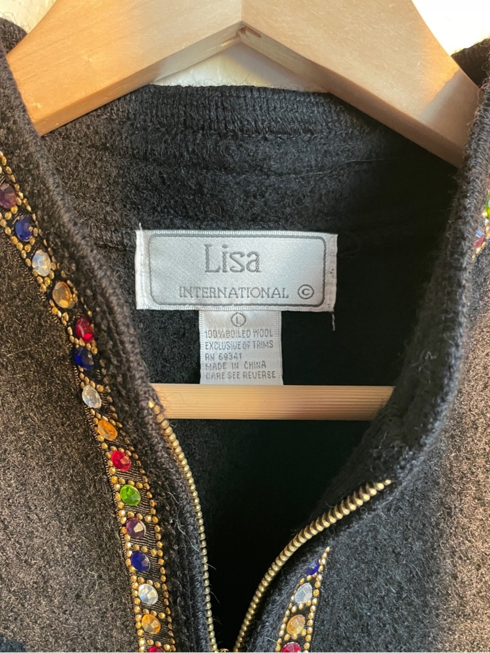 Lisa International Black Wool Zip Vest with Multicolor Jewel Trim • Large - Picture 2 of 6